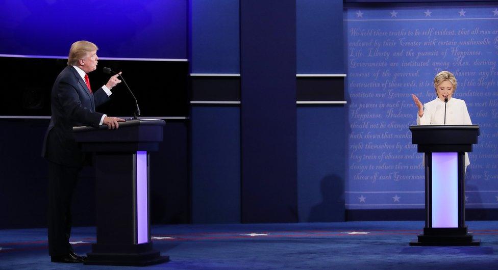 Democratic presidential nominee Hillary Clinton debates with Republican presidential nominee Donald Trump during the third US presidential debate on 19 October 2016.