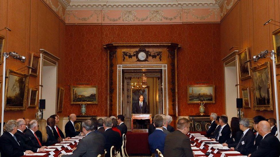 Prince William addressing the bosses of airlines and shipping companies who are among the signatories to a new agreement to help tackle illegal wildlife trafficking