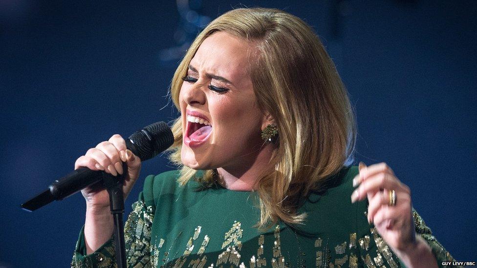 Adele in full throttle singing on the TV show Adele at the BBC