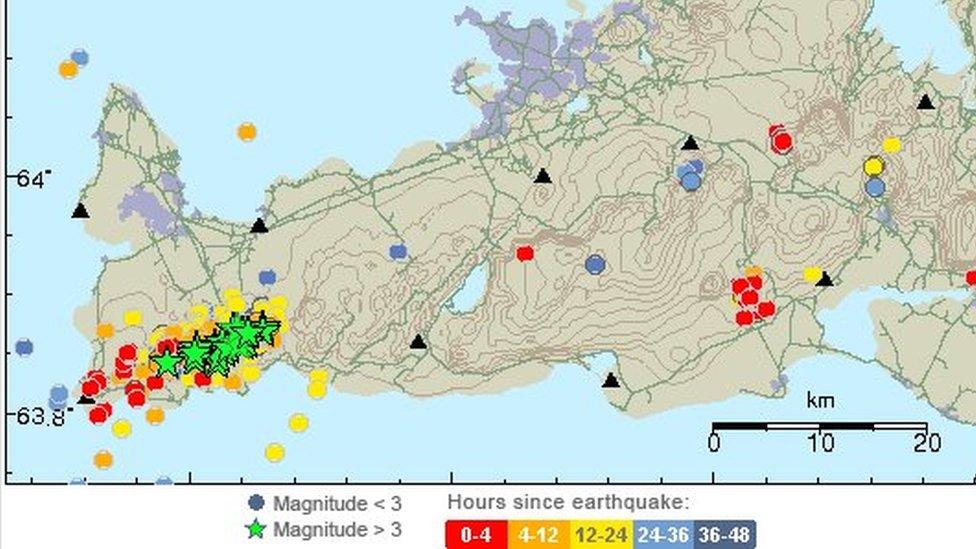 Met Office graphic showing the swarm of tremors felt in the past 48 hours on the Reykjanes peninsula