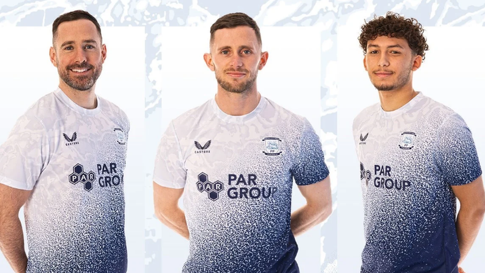 Players wearing the new limited-edition 'splash' design shirt to honour Sir Tom Finney