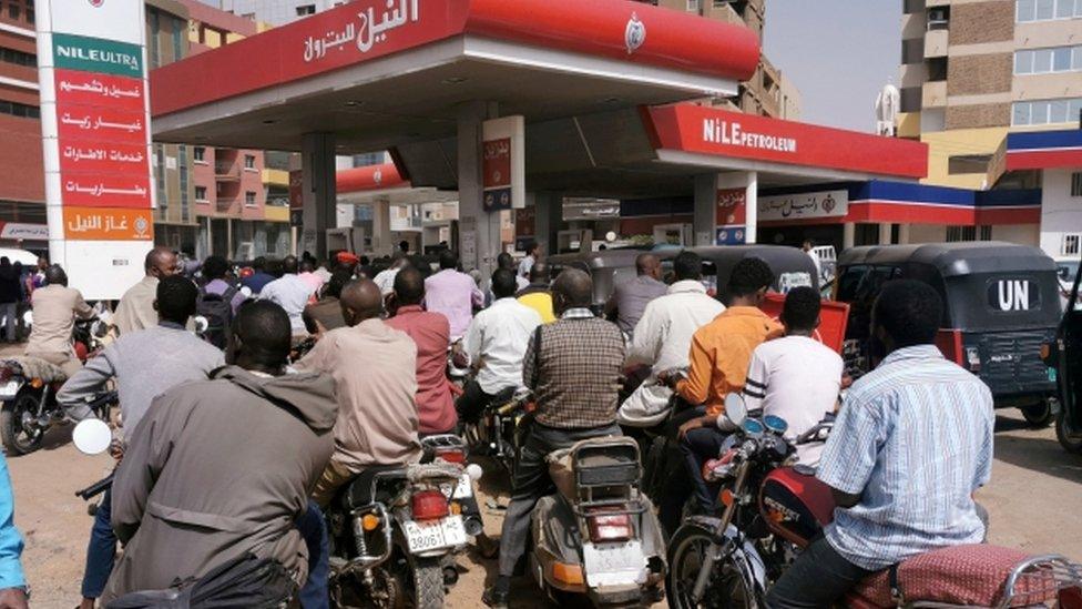 People queuing for fuel in Khartoum, Sudan