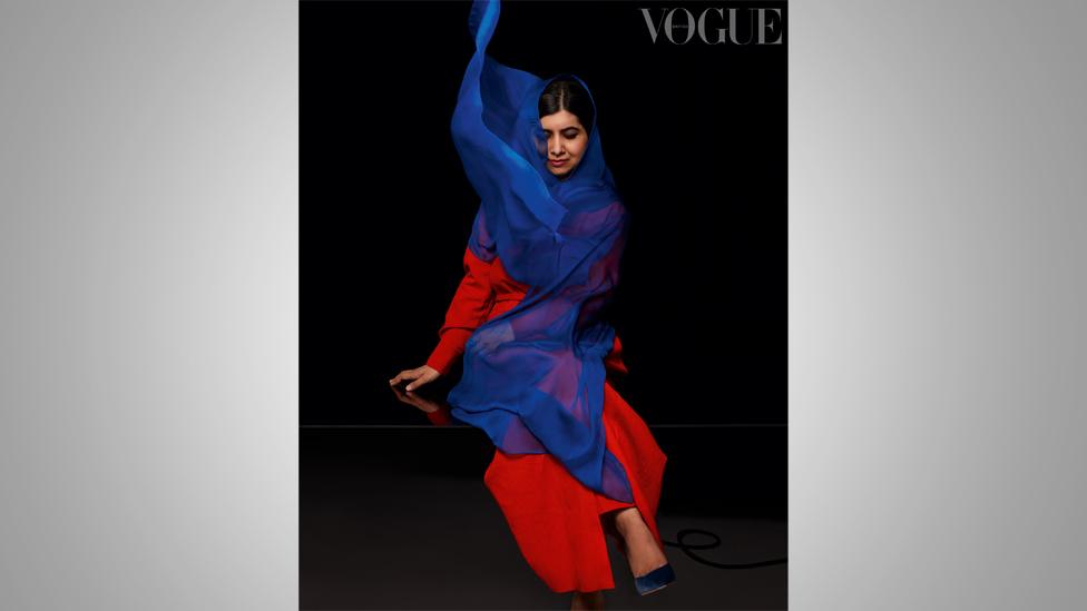 Malala wearing a headscarf in the Vogue photoshoot