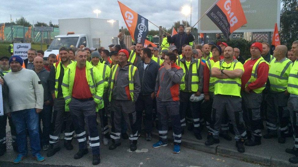 Bin workers at a picket line