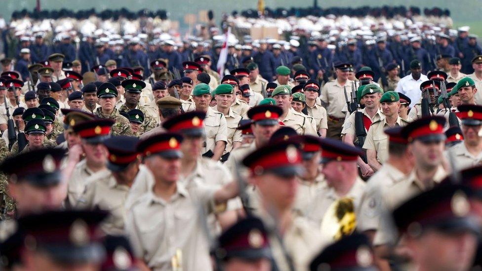 Members of the armed forces during a full tri-service and Commonwealth rehearsal