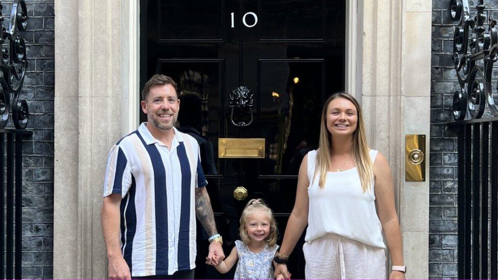 David, Lexi and Alex Robins outside 10 Downing Street