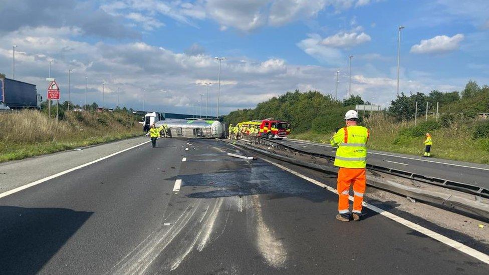 Emergency services attended an overturned HGV vehicle