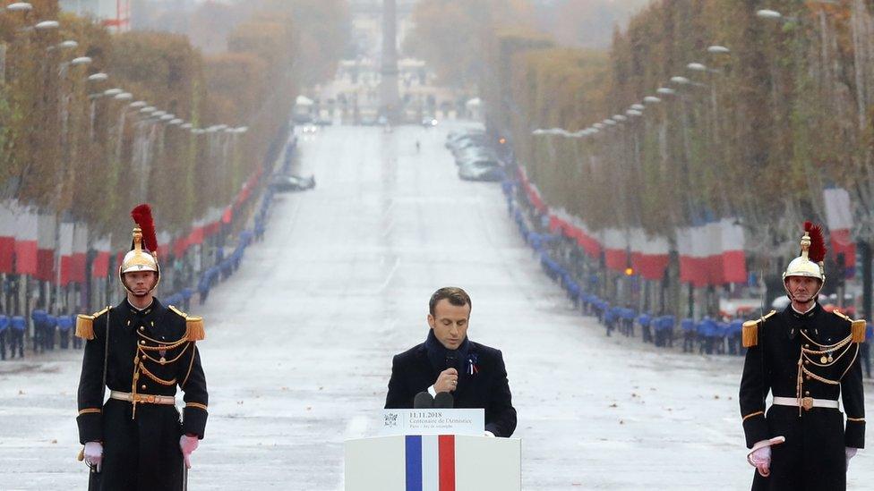 French President Emmanuel Macron delivers a speech