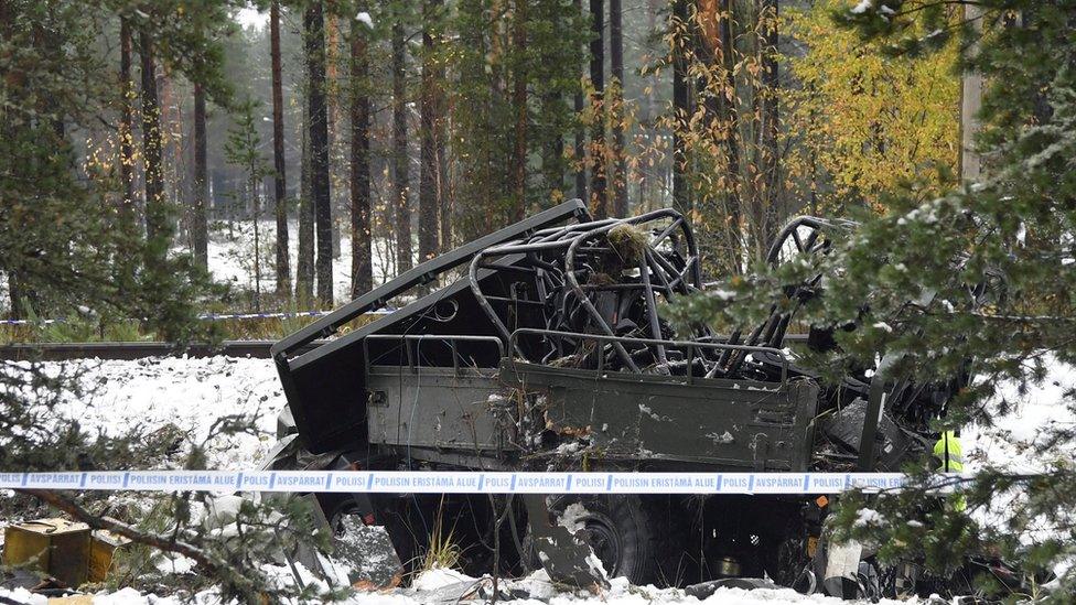 Wreckage of lorry