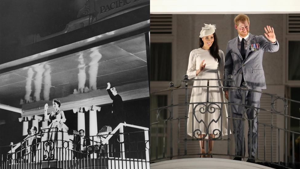 The Queen and Duke of Edinburgh waving from the balcony in 1953, and the modern royal couple in 2018