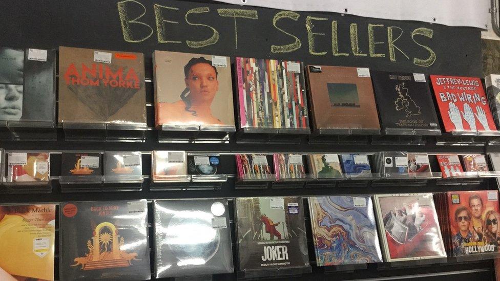 Vinyl display on wall of Rough Trade East