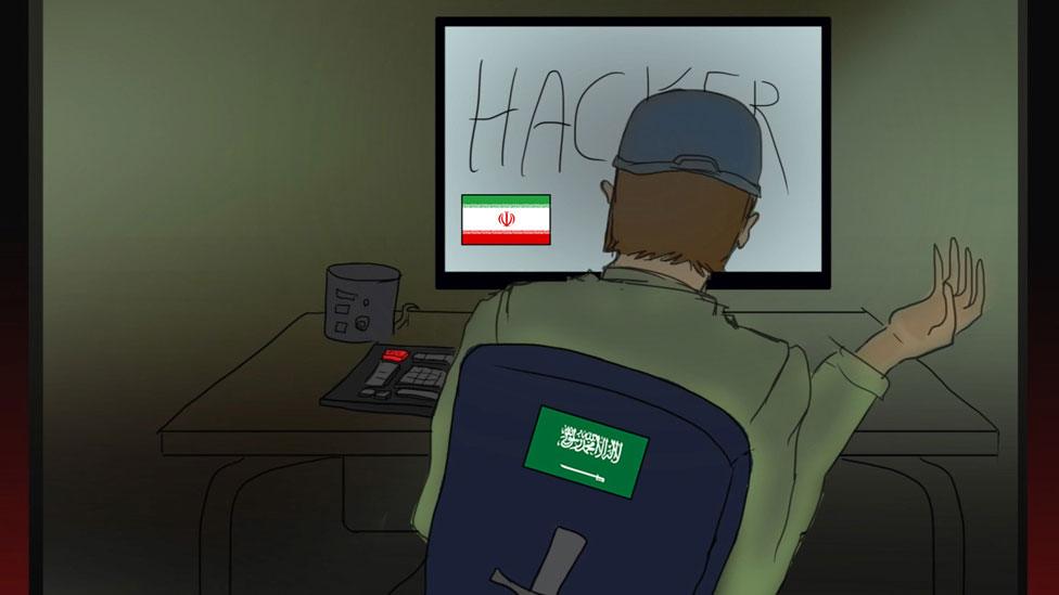 Illustration showing a "hacker" behind a computer. Flags of Iran and Saudi Arabia can be seen on the monitor and on the back of his chair.