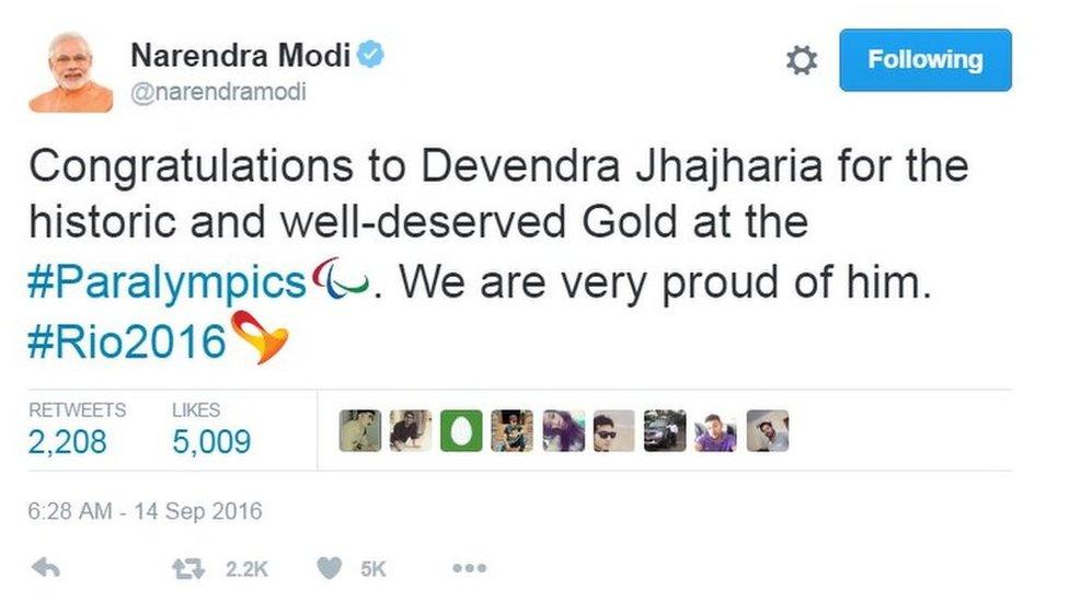 Congratulations to Devendra Jhajharia for the historic and well-deserved Gold at the #Paralympics. We are very proud of him. #Rio2016