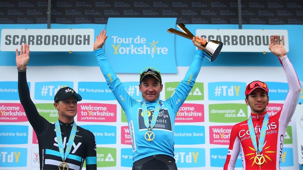 Here is overall winner, Frenchman Thomas Voeckler in the middle with runners up Nicolas Roche on the left and Anthony Turgis on the right after the end of the 2016 Tour de Yorkshire.