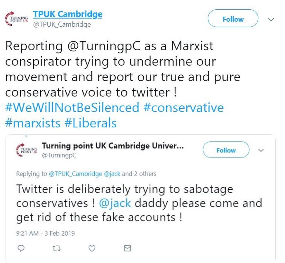 Tweets by rival TPUK Cambridge accounts denouncing the other as fake.