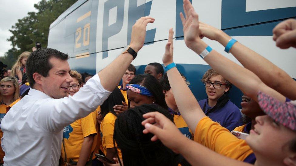 Mayor Pete Buttigieg greeting supporters at the Polk County Steak Fry