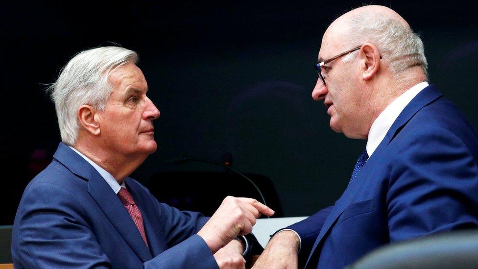 European Union Chief Brexit Negotiator Michel Barnier talks to European Agriculture and Rural Development Commissioner Phil Hogan during a weekly college meeting of the EU executive in Brussels, Belgium, January 30, 2019