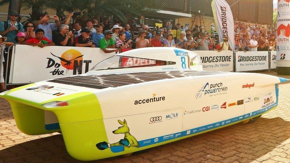 The Punch Powertrain Solar Team vehicle "Punch Two" from Belgium leaves the start line in Darwin. Photo: 8 October 2017