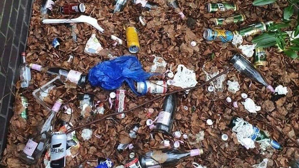 Litter strewn near to a shop in Yeovil