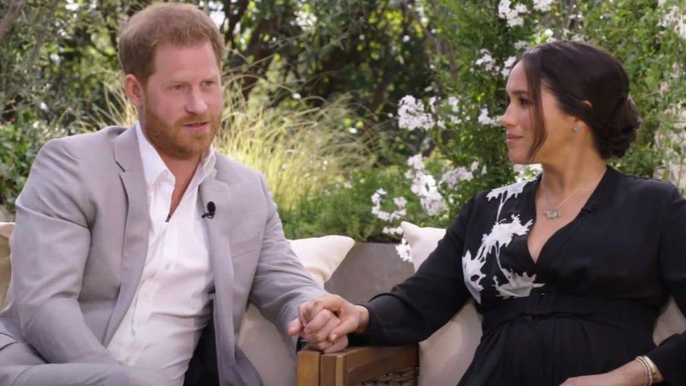 Prince Harry and Meghan, Duchess of Sussex, speaking to Oprah Winfrey