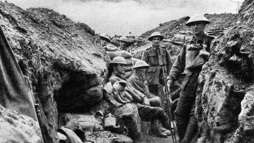 Soldiers in trenches in 1918, just before the end of the war