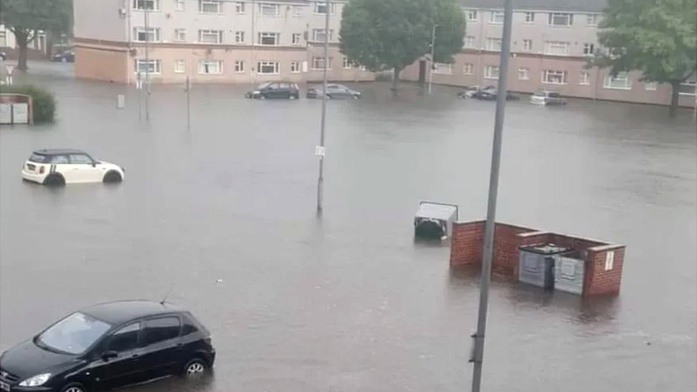 A car park outside a block of flats flooded in Worksop