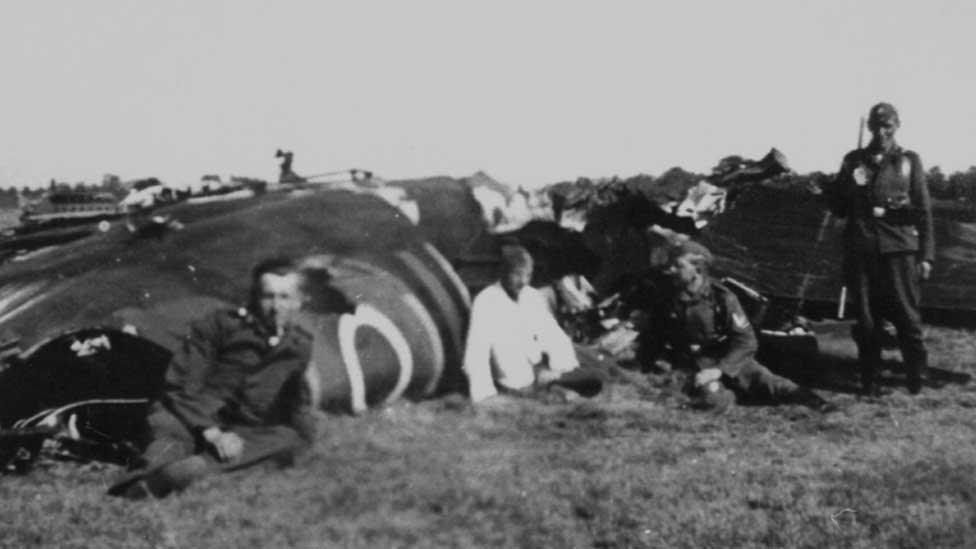 Stirling bomber crash scene with Germans, June 1942