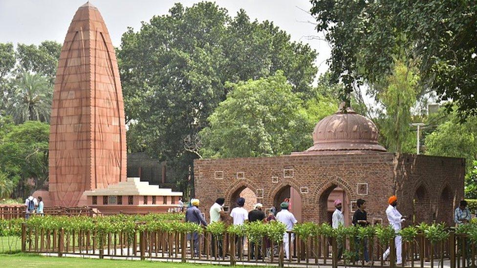 Visitors at the Jallianwala Bagh memorial after its reopening, on August 29, 2021 in Amritsar, India.