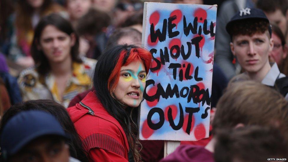 Protesters outside Downing Street calling for David Cameron to resign