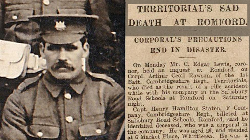 Arthur Rawson (left); newspaper report of his inquest (right)