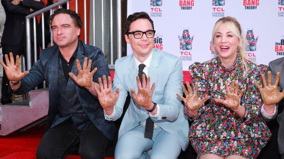 Big Bang Theory cast pose during their handprint ceremony