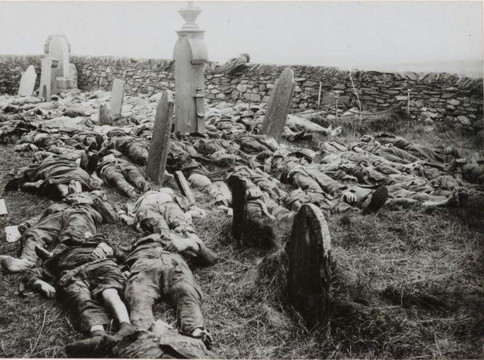 Victims of the Otranto disaster. American soldiers laid out for burial in the churchyard at Kilchoman, Islay, Scotland. The church was used as a temporary morgue