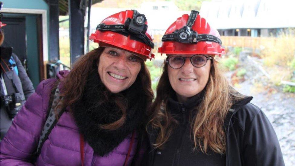 Ms Harris (l) and her friend Marisa Conde visited Llechwedd Slate Caverns during their trip