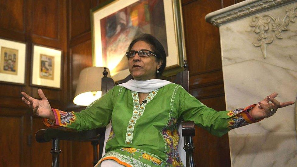 Asma Jahangir gestures as she gives an interview to AFP in Lahore