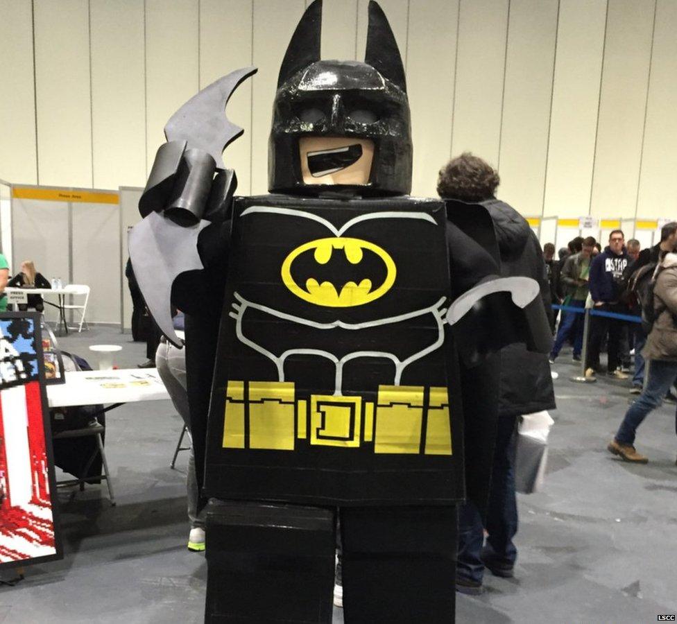 A fan dressed as Lego Batman