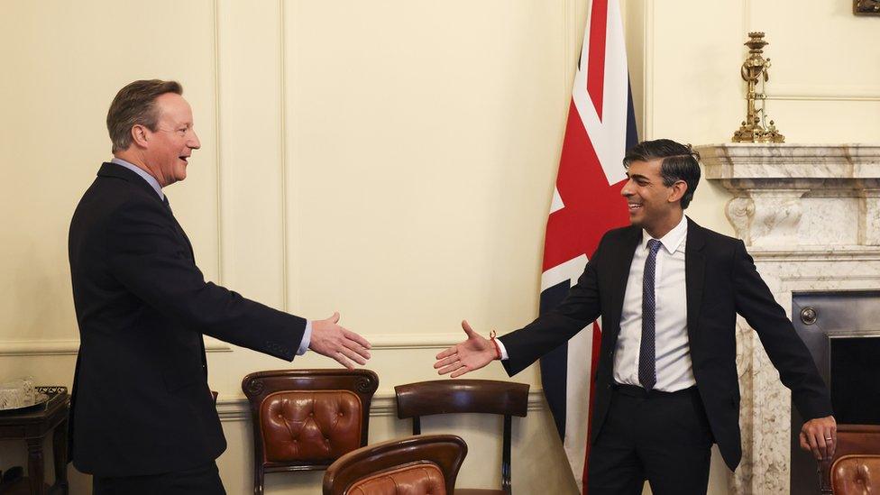 David Cameron shakes hands with Rishi Sunak