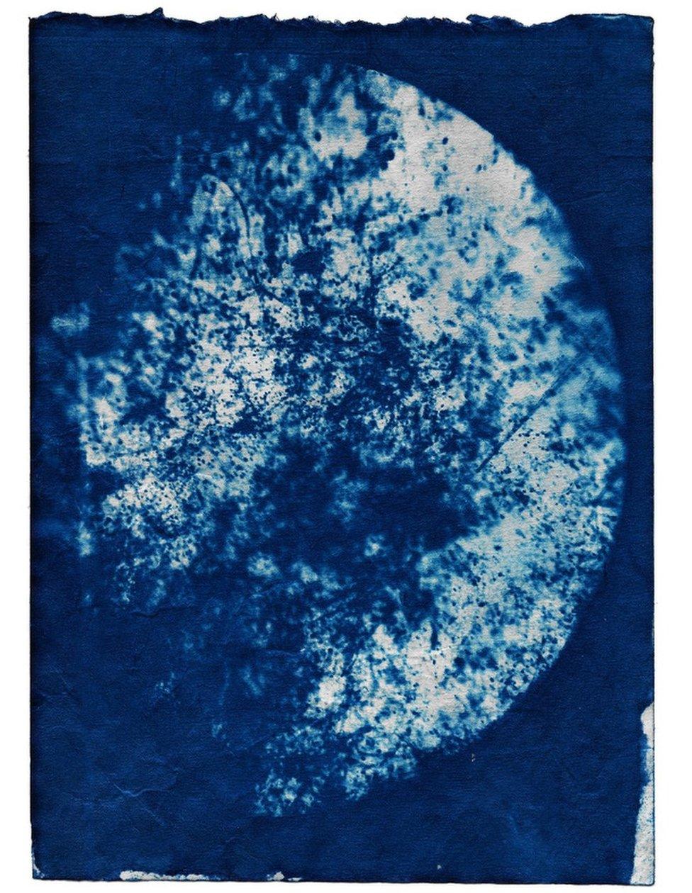 A cyanotype image by Marina Vitaglione showing an air pollution sample from Drury Way, Wembley, North West London