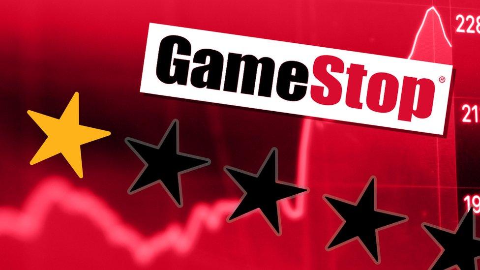 Gamestop logo and one star review set over a share price ticker