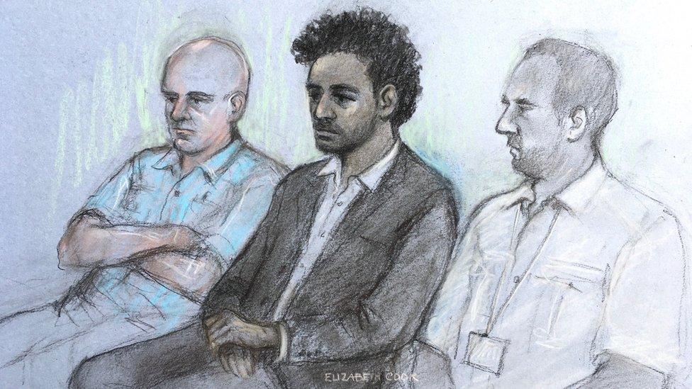 A sketch of Callum Wheeler (centre) in court at the opening of the trial