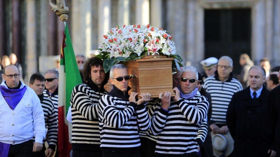 The coffin of Valeria Solesin, who died at the Bataclan, is carried through Venice's San Marco Square