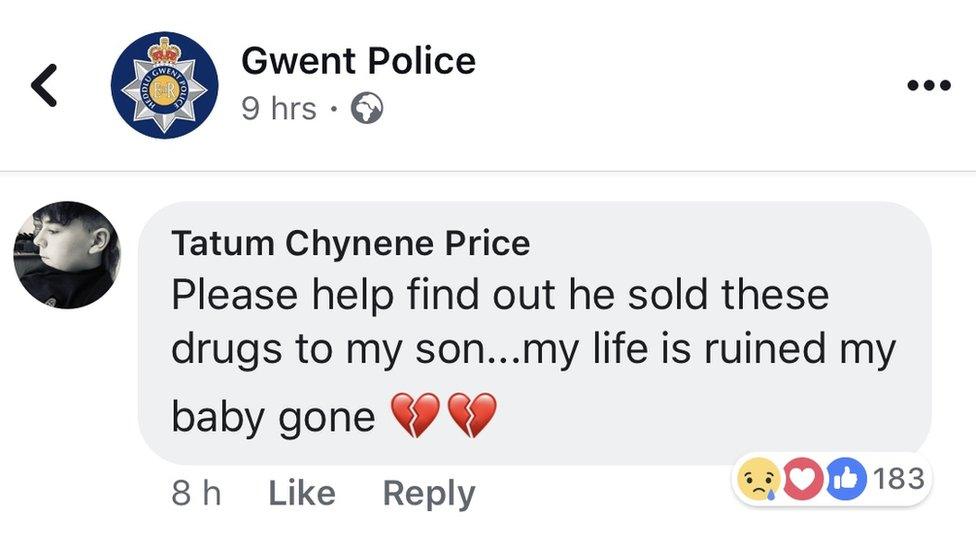 Carson's mother Tatum Chynene Price posted a comment on Facebook reading: "Please help find out he (sic) sold these drugs to my son... my life is ruined my baby gone (heartbreak emoji)"