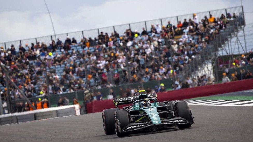 Sebastian Vettel (5) with the Aston Martin AMR22 during practice 2 ahead of the F1 Grand Prix of Great Britain at Silverstone on July 1, 2022