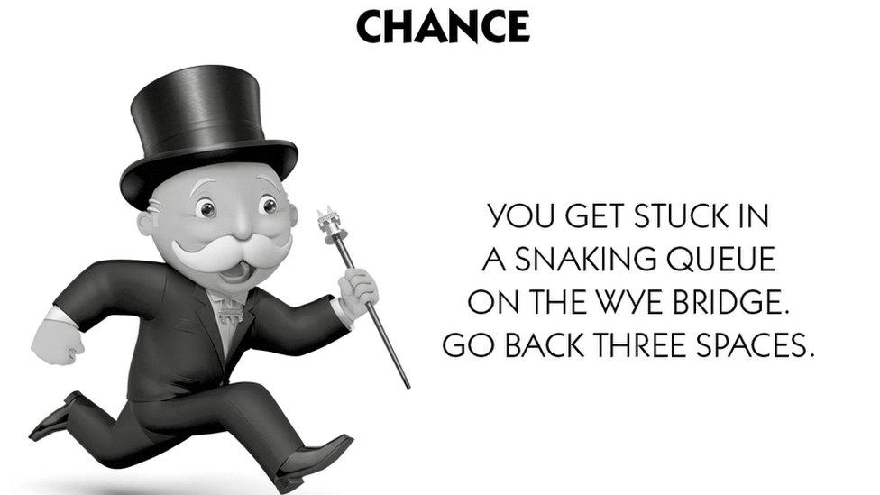 A chance card mock up which sends players back three spaces for getting stuck on the Wye bridge