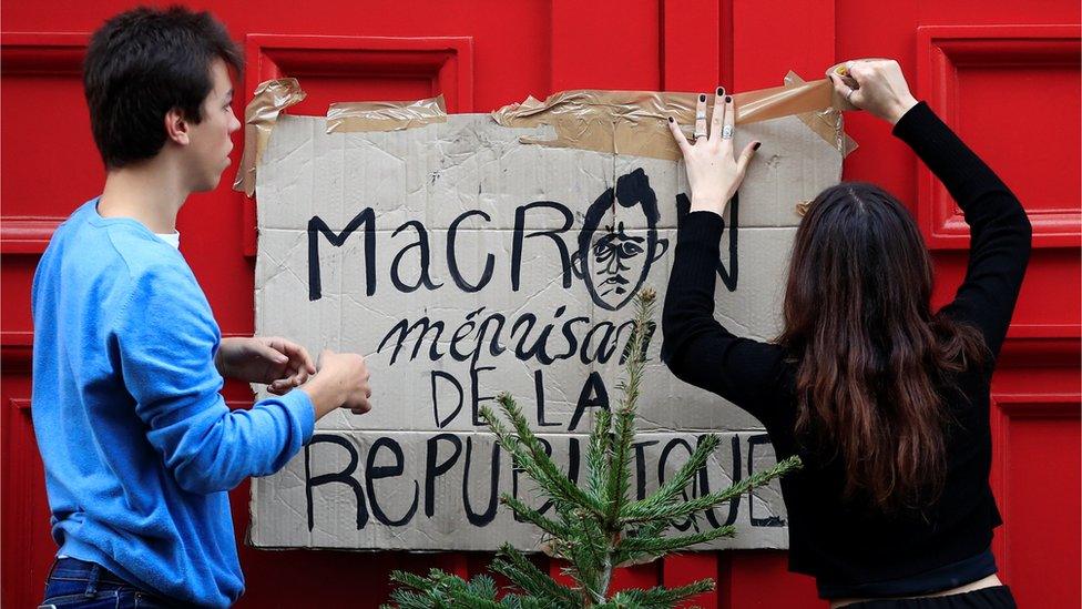 High school students block the entrance of the Lycee Henri IV secondary school to protest against the French government's reform plan, in Paris, France, December 6, 2018.