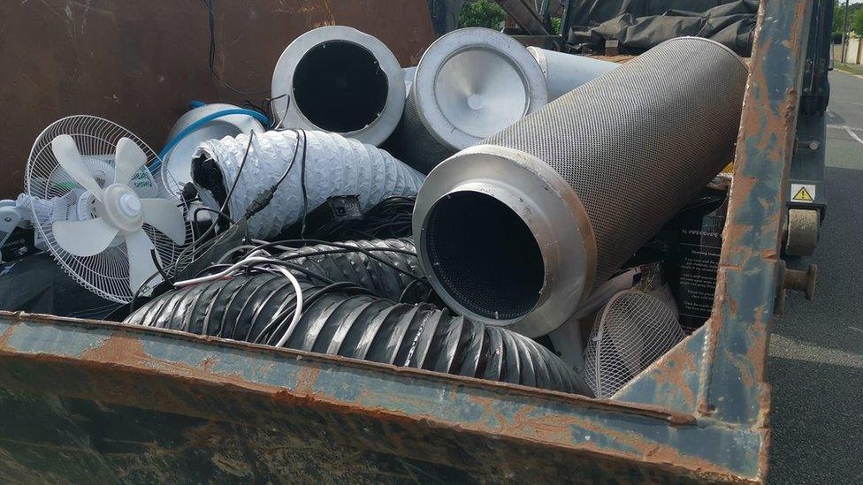 Equipment used to grow cannabis in a skip