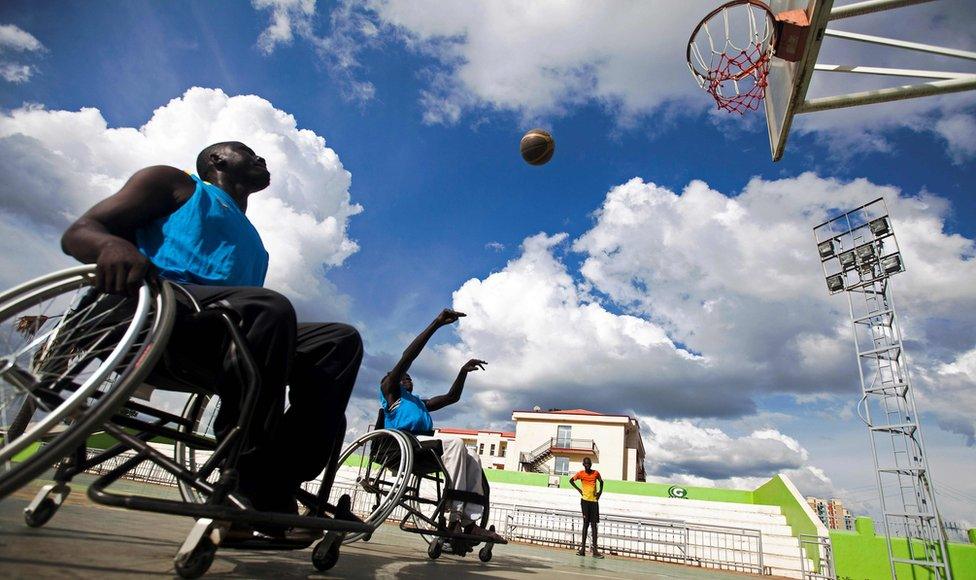 Members of the South Sudan Wheelchair Basketball Association (SSWBA) during the weekly training session at the Basketball Stadium in Juba, South Sudan, on May 17, 2016
