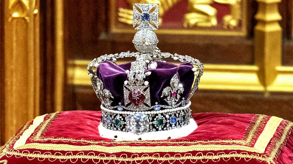 The Imperial Crown pictured as Prince Charles, Prince of Wales reads the Queen's speech in the House of Lords Chamber, during the State Opening of Parliament in the House of Lords at the Palace of Westminster on 10 May 2022 in London