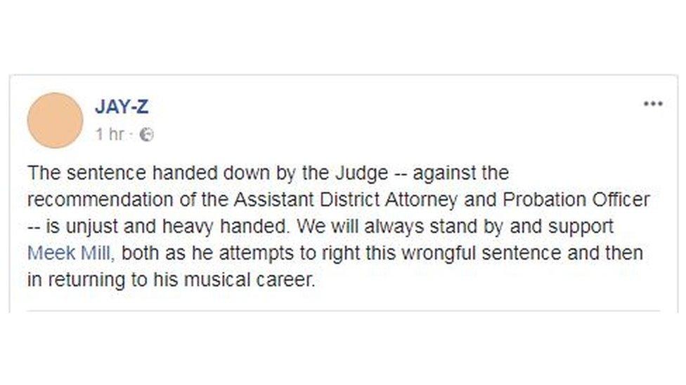 Jay-Z post on Facebook calling the sentence "unjust and heavy handed"