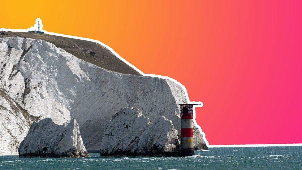 A photo illustration shows the Needles and its lighthouse on the Isle of Wight, set against a gradient of the Tech Tent colours - pink and orange