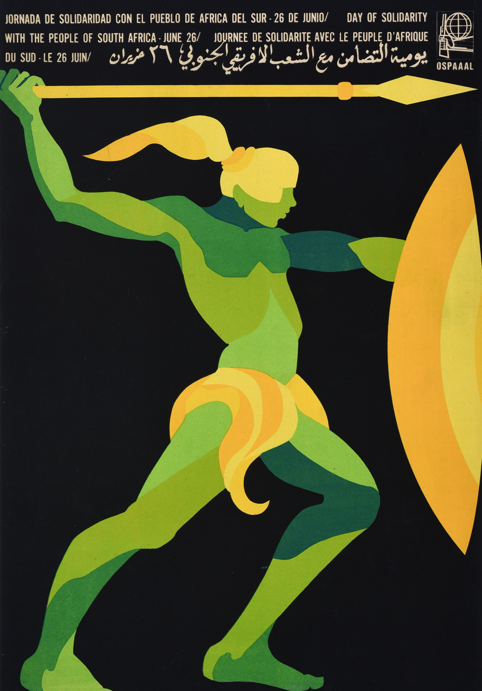 An Ospaaal poster entitled Day of Solidarity with the People of South Africa, 1968, showing a stylised design of a warrior with a spear and shield